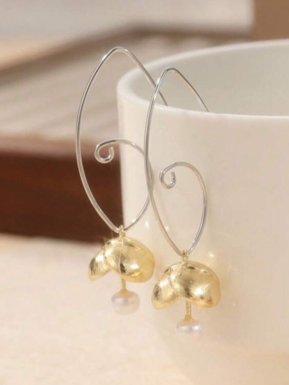 Mixed Metal Leaf & Pearl Drop Earrings in Gold and Silver R 553 - Picture 5 of 5